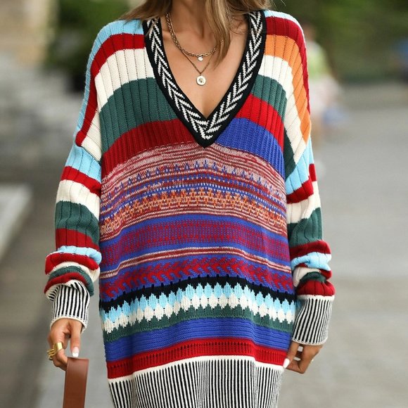 tribal multicolor stripes and shapes pattern sweater dress - Picture 3 of 7